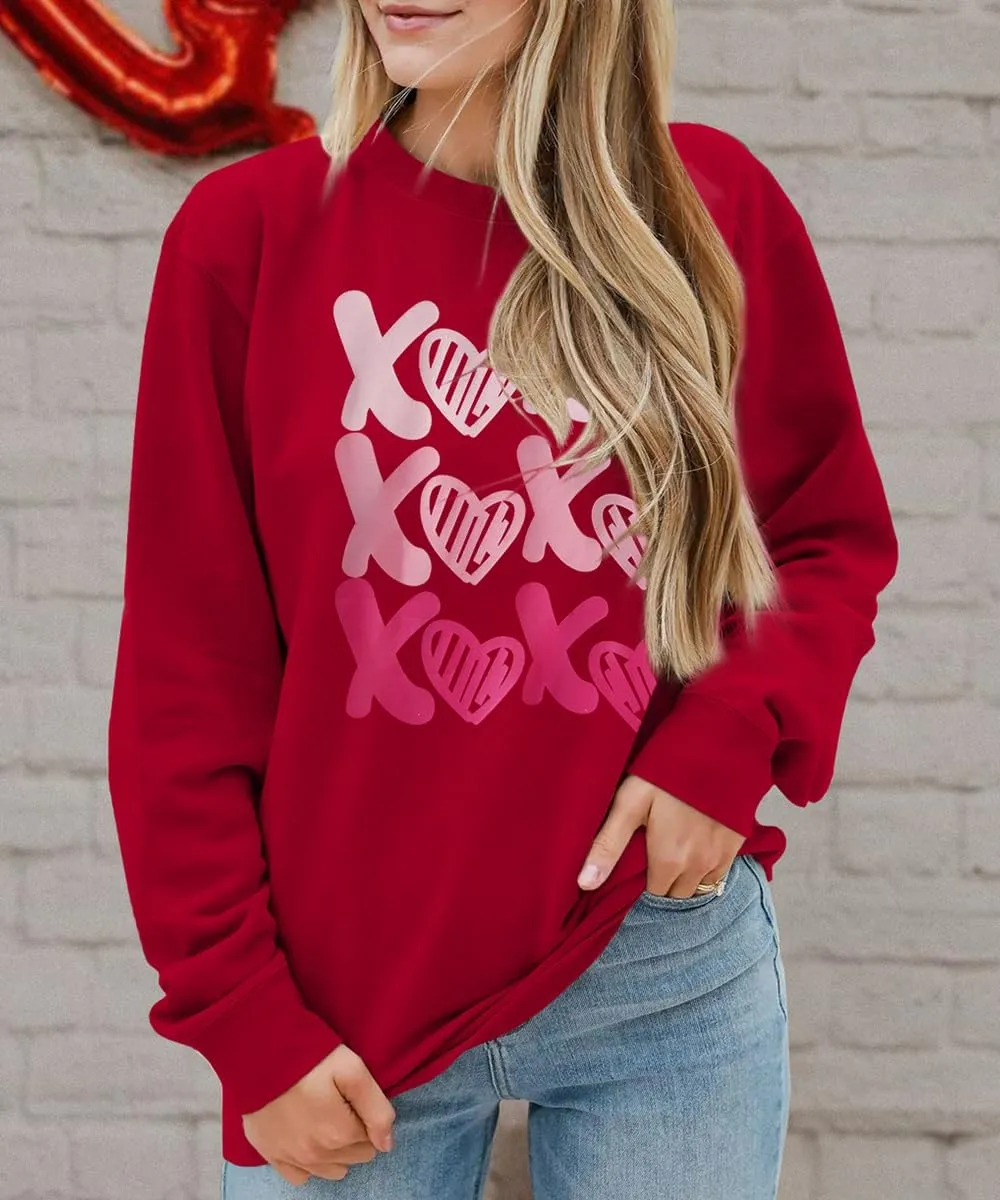 KEKEMI Women Valentine's Day Sweatshirt Retro XOXO Graphic Sweater Simple Heart Printed Shirt Casual Long Sleeve Pullover Top