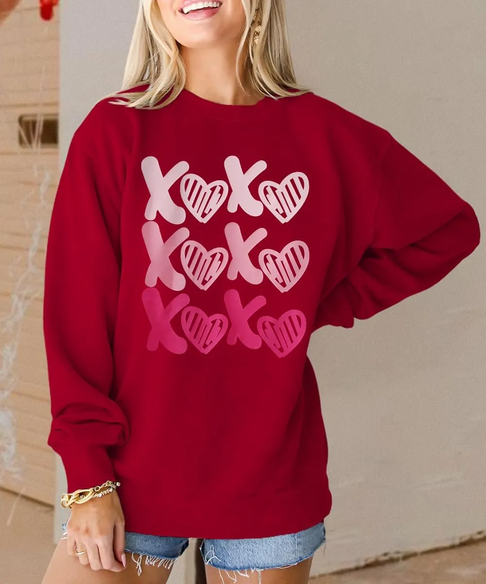 KEKEMI Women Valentine's Day Sweatshirt Retro XOXO Graphic Sweater Simple Heart Printed Shirt Casual Long Sleeve Pullover Top
