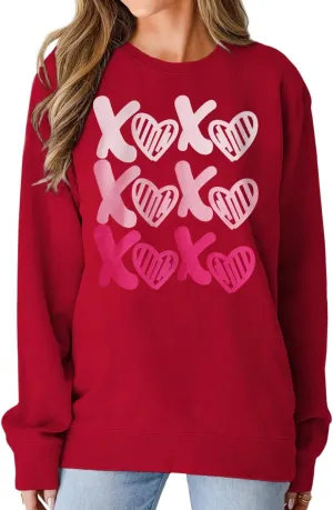 KEKEMI Women Valentine's Day Sweatshirt Retro XOXO Graphic Sweater Simple Heart Printed Shirt Casual Long Sleeve Pullover Top