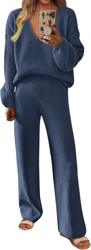 KIRUNDO Womens 2 Piece Sweater Sets 2025 Fall Winter Long Sleeve Knit Pullover and Wide Leg Pants Lounge Set Sweatsuit