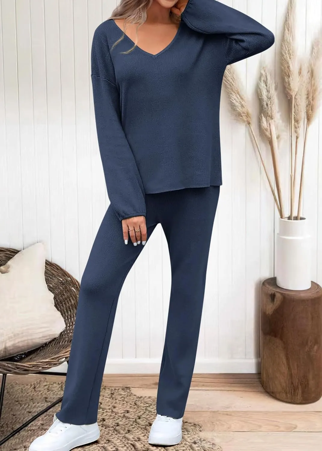 KIRUNDO Womens 2 Piece Sweater Sets 2025 Fall Winter Long Sleeve Knit Pullover and Wide Leg Pants Lounge Set Sweatsuit
