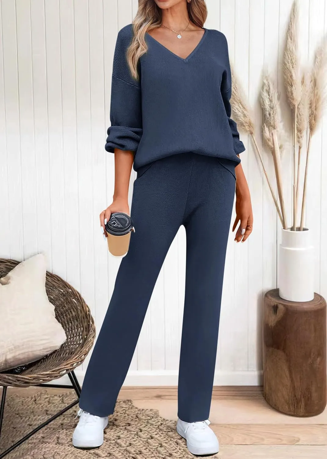 KIRUNDO Womens 2 Piece Sweater Sets 2025 Fall Winter Long Sleeve Knit Pullover and Wide Leg Pants Lounge Set Sweatsuit