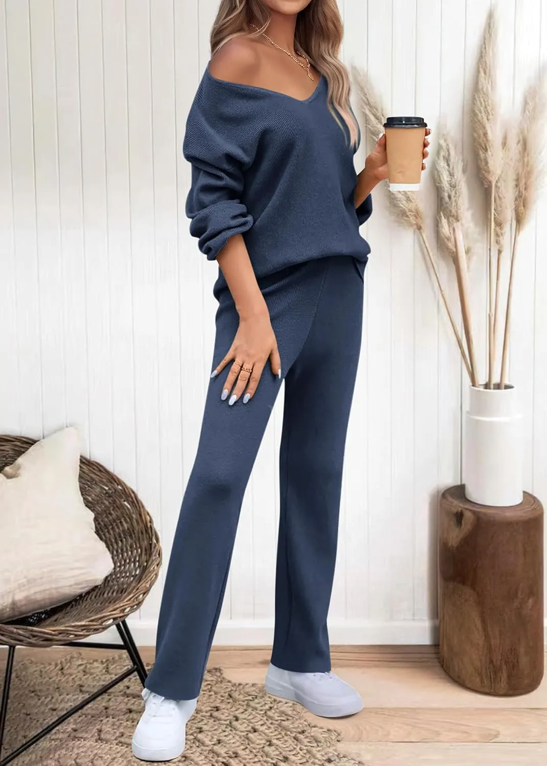 KIRUNDO Womens 2 Piece Sweater Sets 2025 Fall Winter Long Sleeve Knit Pullover and Wide Leg Pants Lounge Set Sweatsuit