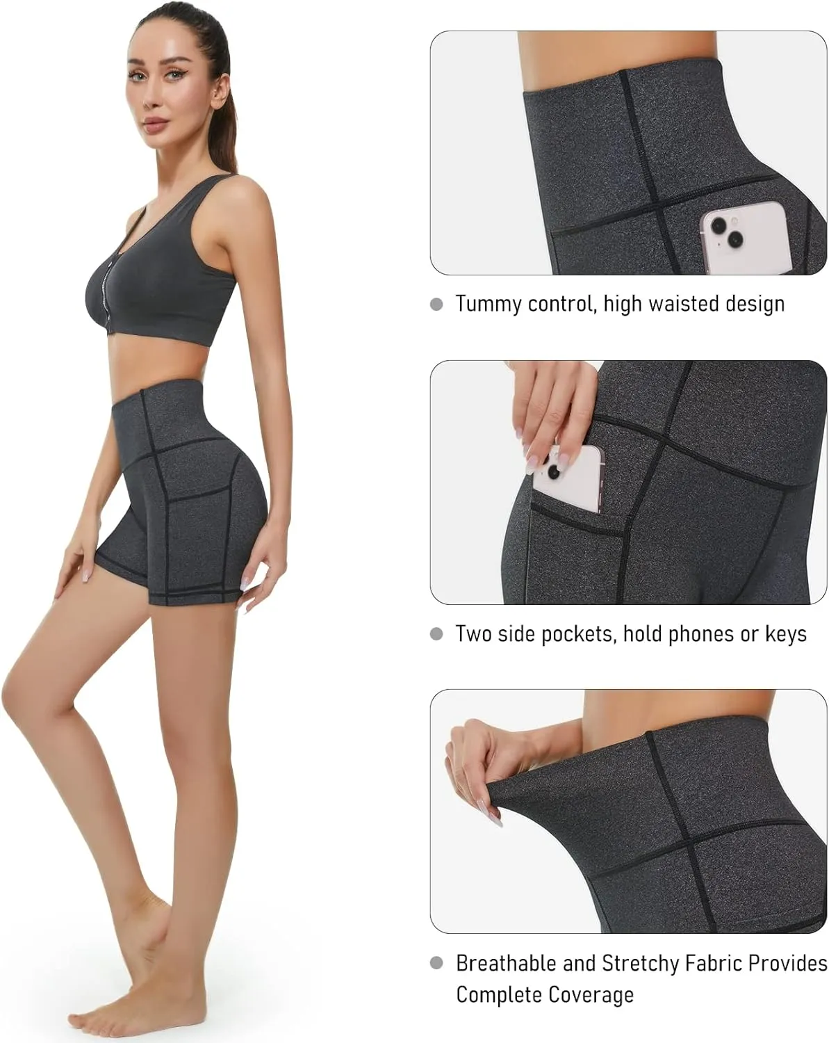 KKB Women's 8" 5" High Waist Active Wear Shorts Yoga Leggings, Tummy Control Workout Shorts Side Pockets Running Pants