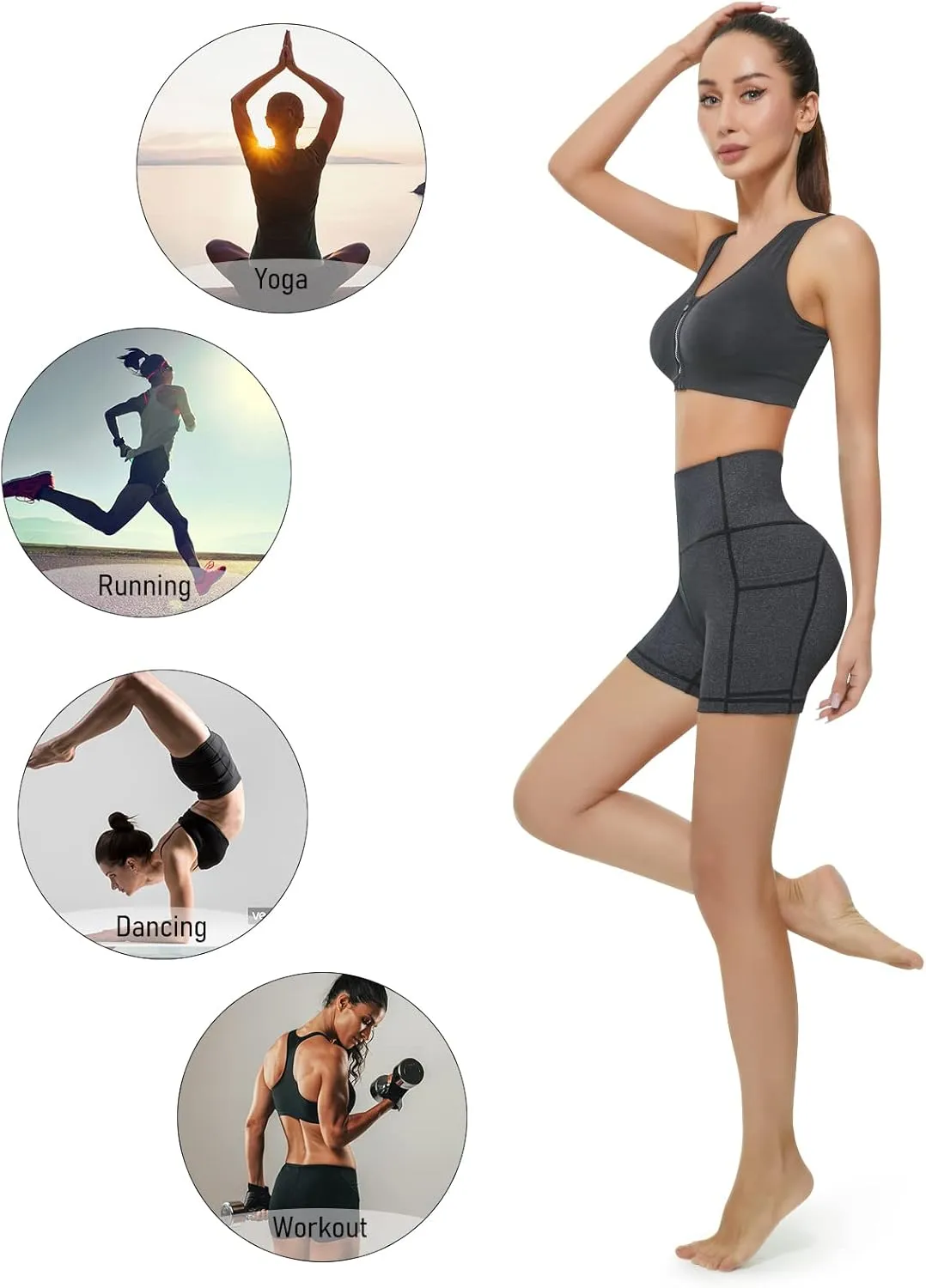 KKB Women's 8" 5" High Waist Active Wear Shorts Yoga Leggings, Tummy Control Workout Shorts Side Pockets Running Pants
