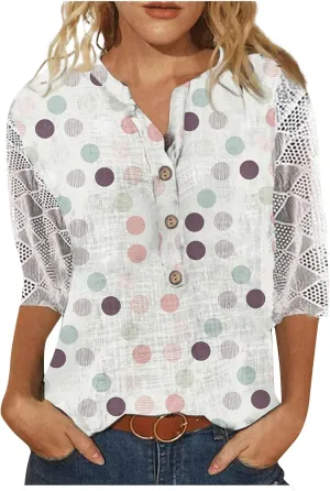 Lace 3/4 Length Sleeve Henley Shirts for Women Floral Print V Neck Button Down Trendy Summer Tops
