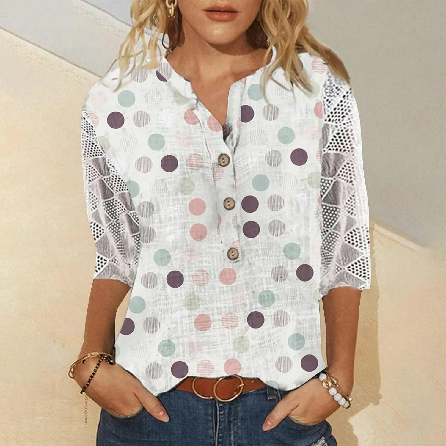 Lace 3/4 Length Sleeve Henley Shirts for Women Floral Print V Neck Button Down Trendy Summer Tops