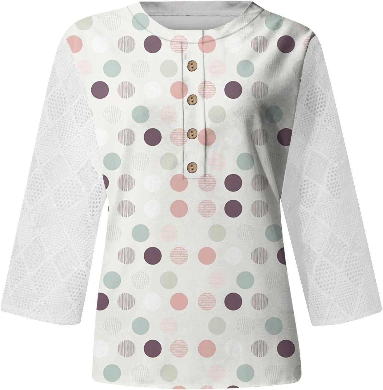 Lace 3/4 Length Sleeve Henley Shirts for Women Floral Print V Neck Button Down Trendy Summer Tops