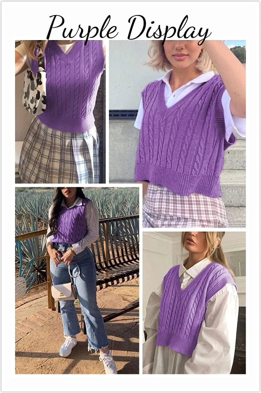 Lailezou Women's V-Neck Knit Sweater Vest Solid Color Argyle Plaid Preppy Style Sleeveless Crop Knit Vest