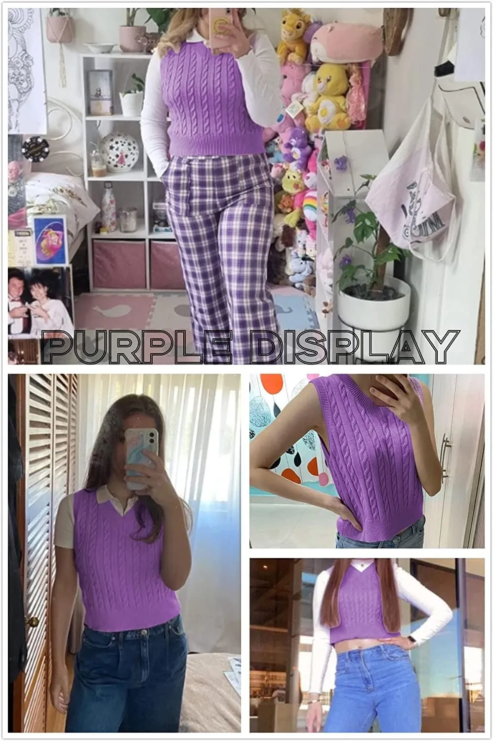 Lailezou Women's V-Neck Knit Sweater Vest Solid Color Argyle Plaid Preppy Style Sleeveless Crop Knit Vest