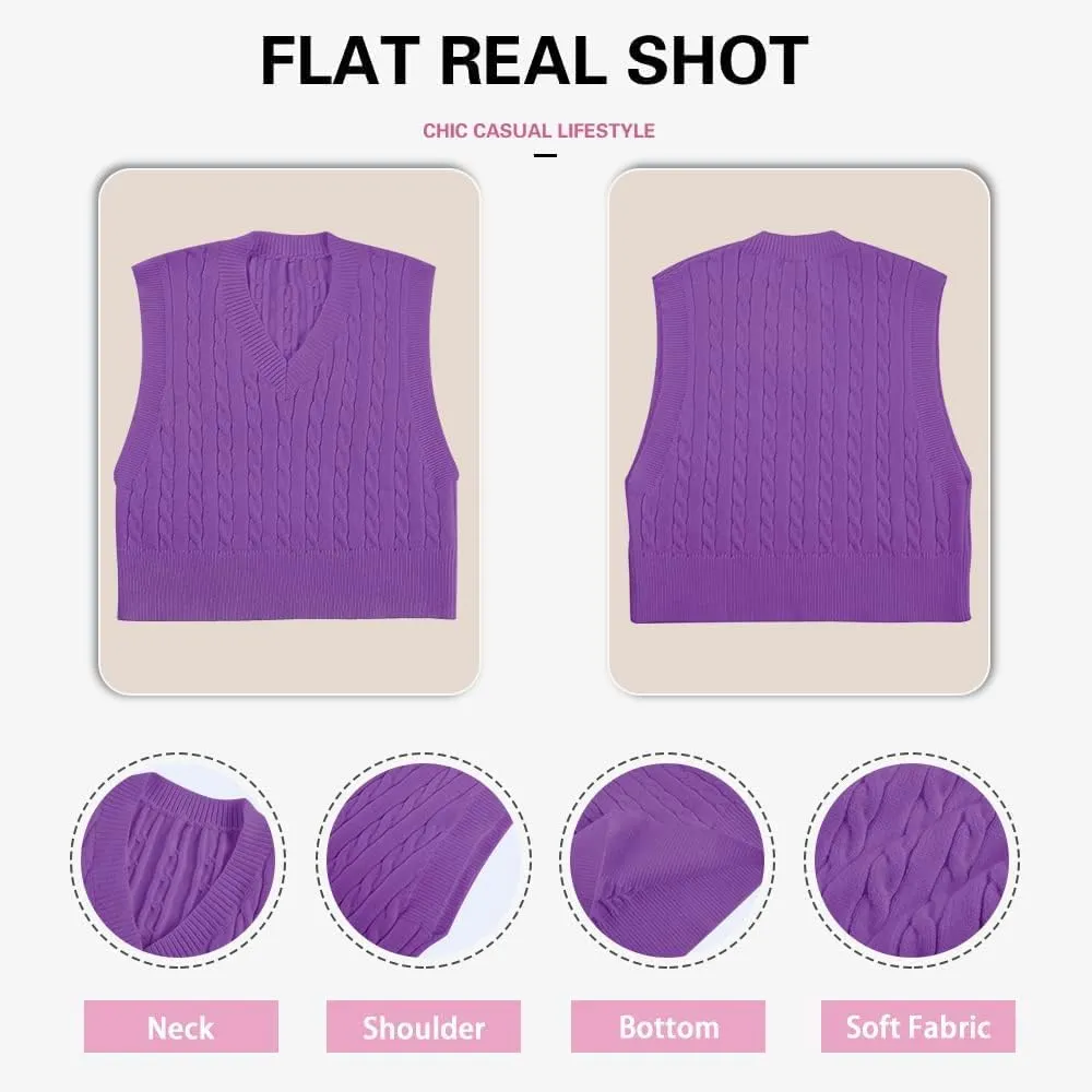 Lailezou Women's V-Neck Knit Sweater Vest Solid Color Argyle Plaid Preppy Style Sleeveless Crop Knit Vest