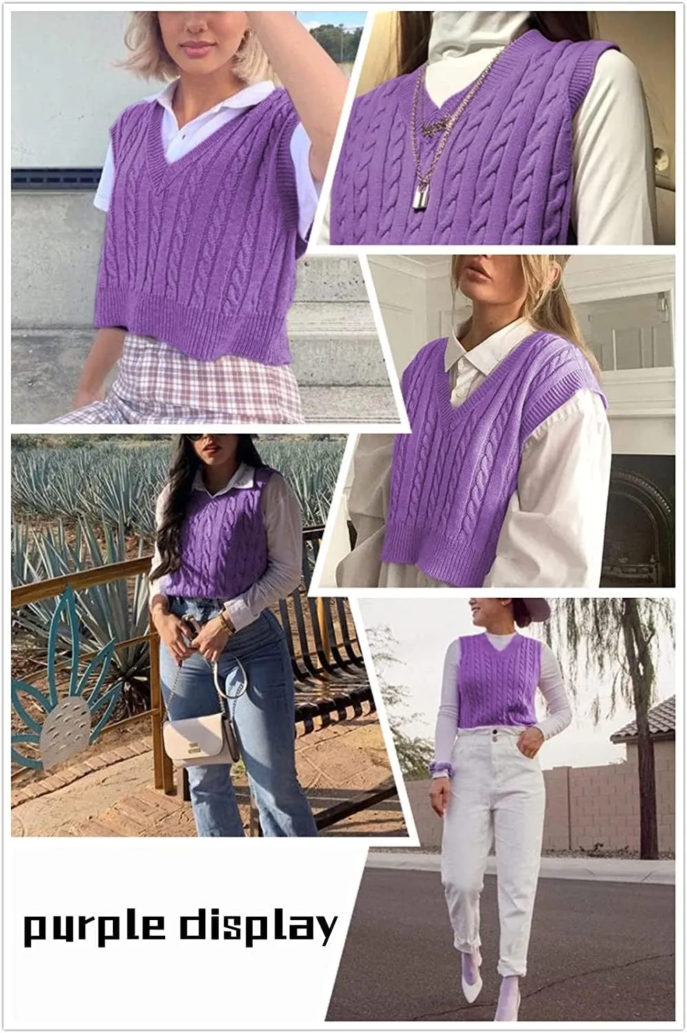 Lailezou Women's V-Neck Knit Sweater Vest Solid Color Argyle Plaid Preppy Style Sleeveless Crop Knit Vest