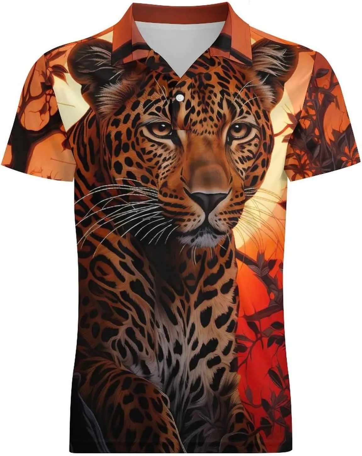 Leopard Across A Tree Sunset Men's Polo Shirt Short Sleeve Casual Athletic Quick Dry Golf T-Shirts