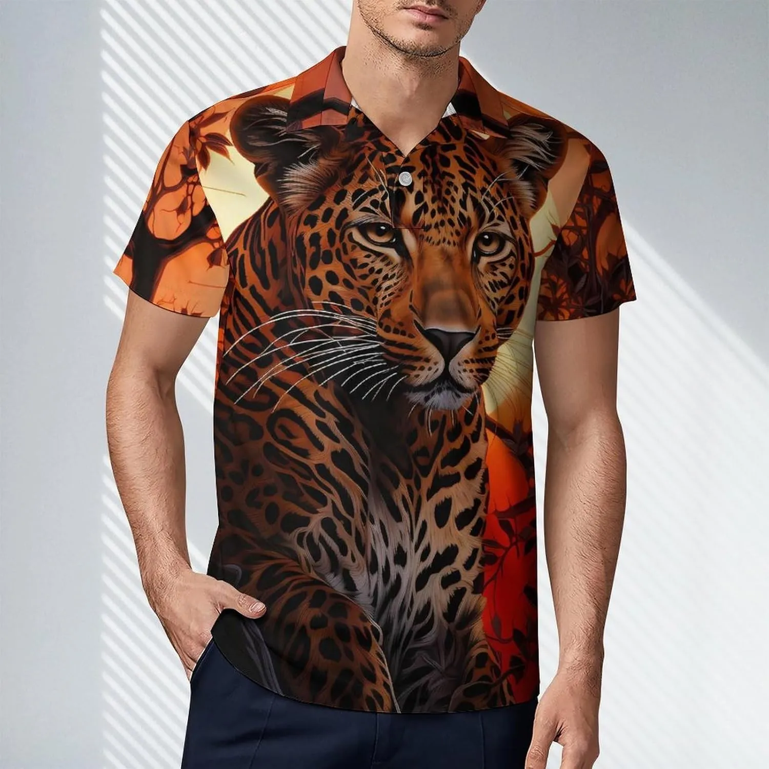 Leopard Across A Tree Sunset Men's Polo Shirt Short Sleeve Casual Athletic Quick Dry Golf T-Shirts