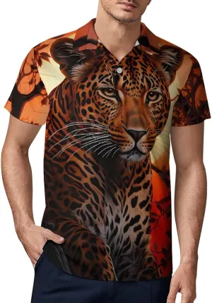 Leopard Across A Tree Sunset Men's Polo Shirt Short Sleeve Casual Athletic Quick Dry Golf T-Shirts