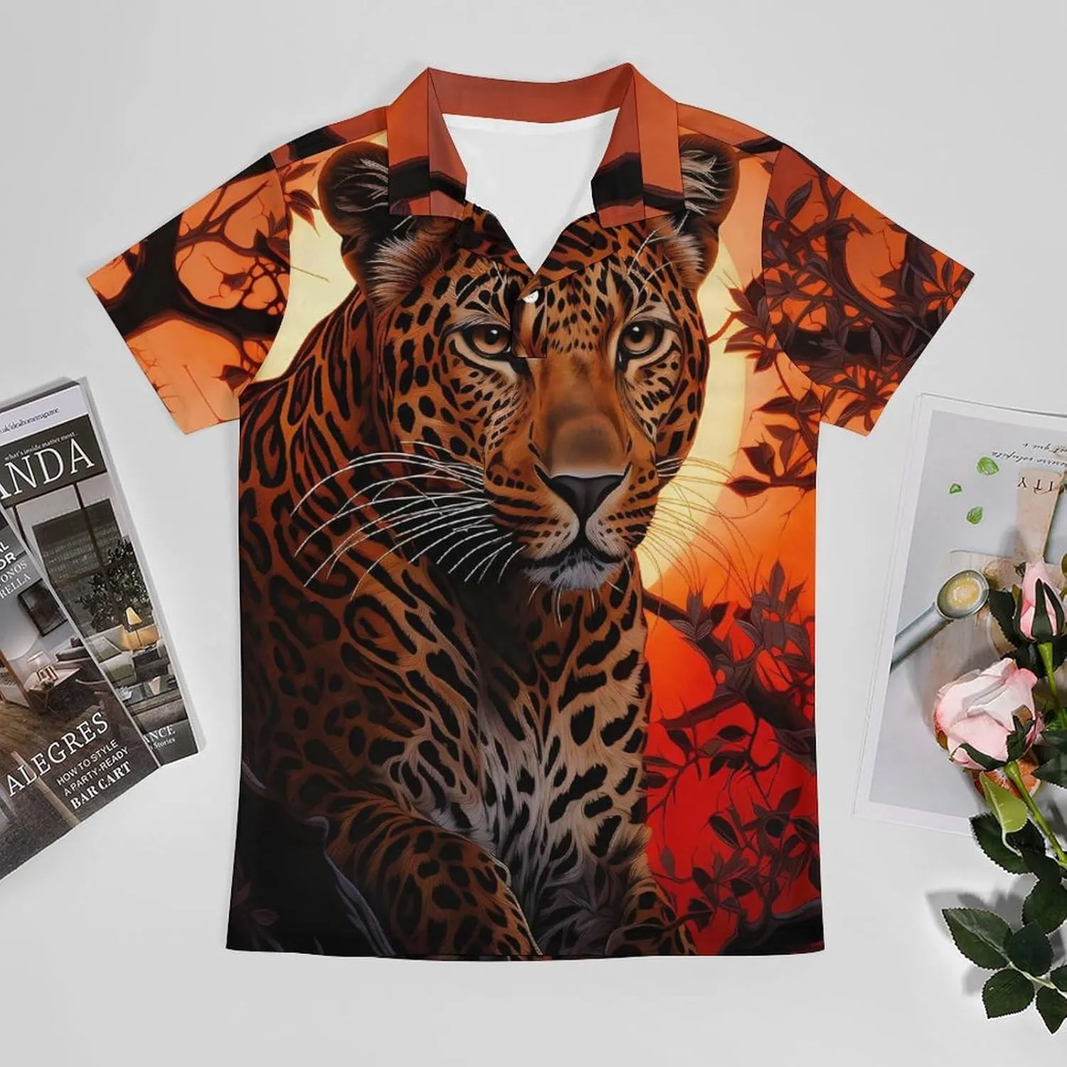 Leopard Across A Tree Sunset Men's Polo Shirt Short Sleeve Casual Athletic Quick Dry Golf T-Shirts