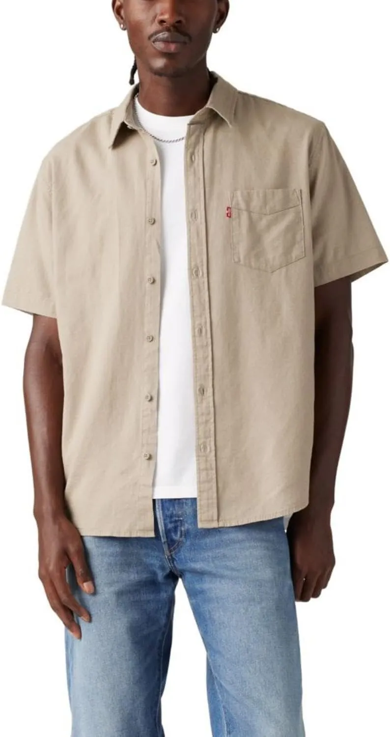 Levi's Men's Classic 1 Pocket Short Sleeve Button Up Shirt (Also Available in Big), (New) Vintage Khaki Cotton Linen