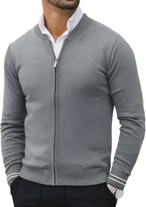 Lexiart Men's Casual Cardigan Sweaters Knitted Stand Collar Slim Fit Full-Zip Warm Jacket