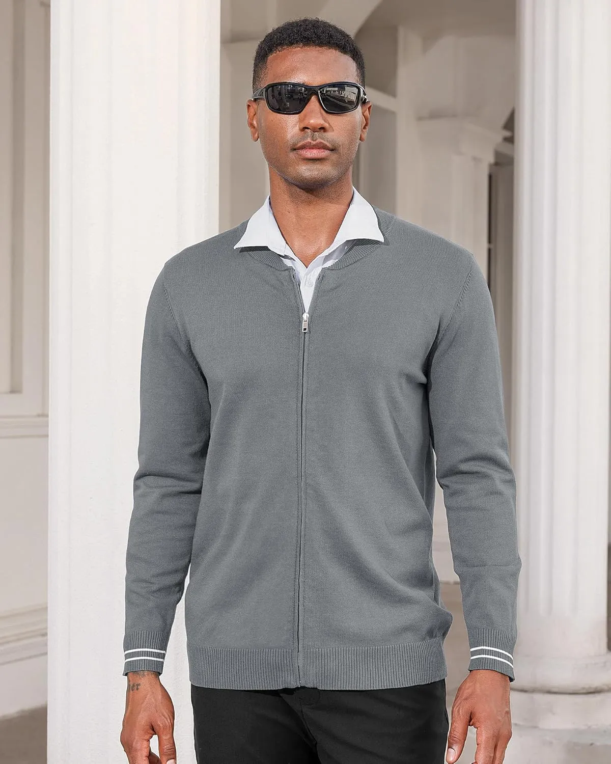 Lexiart Men's Casual Cardigan Sweaters Knitted Stand Collar Slim Fit Full-Zip Warm Jacket