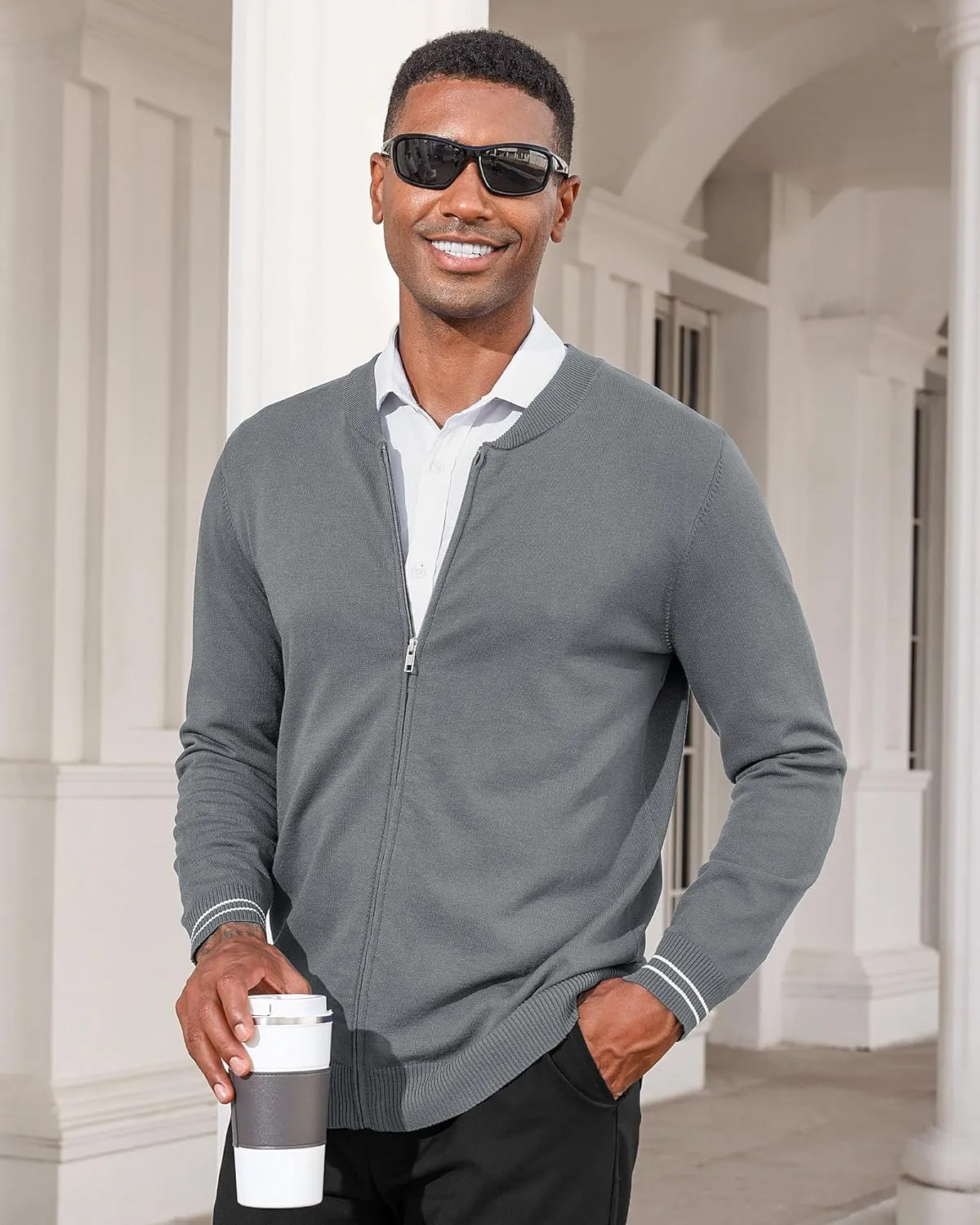 Lexiart Men's Casual Cardigan Sweaters Knitted Stand Collar Slim Fit Full-Zip Warm Jacket