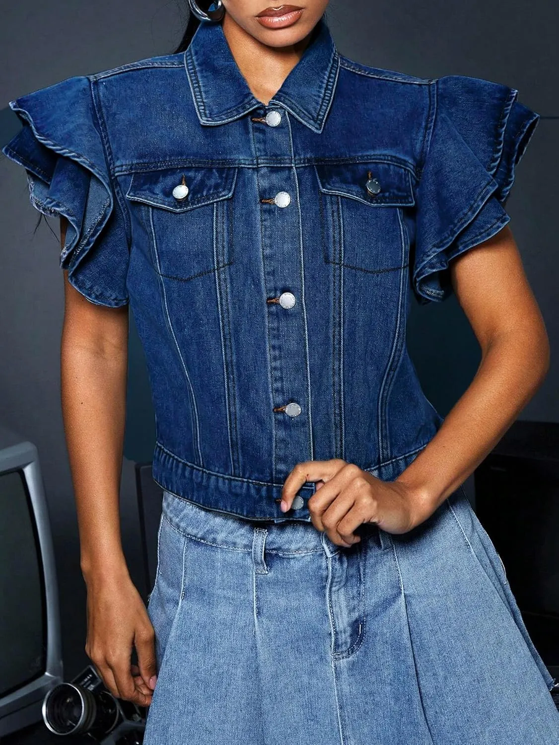 LifeShe Cropped Denim Jacket for Women Summer Ruffle Sleeve Button Down Crop Jean Jacket Casual