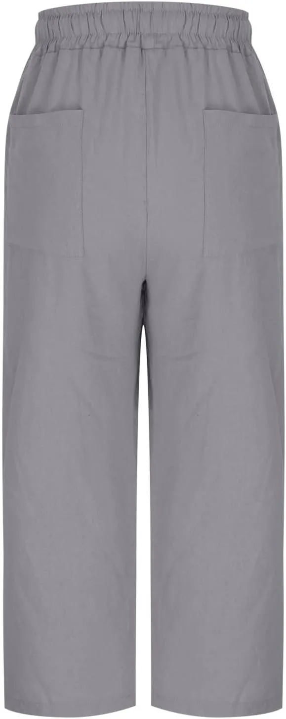 Linen Capri Pants for Women Drawstring Wide Leg Trousers Summer Comfy Casual Capris Beach Clothes with Back Pockets