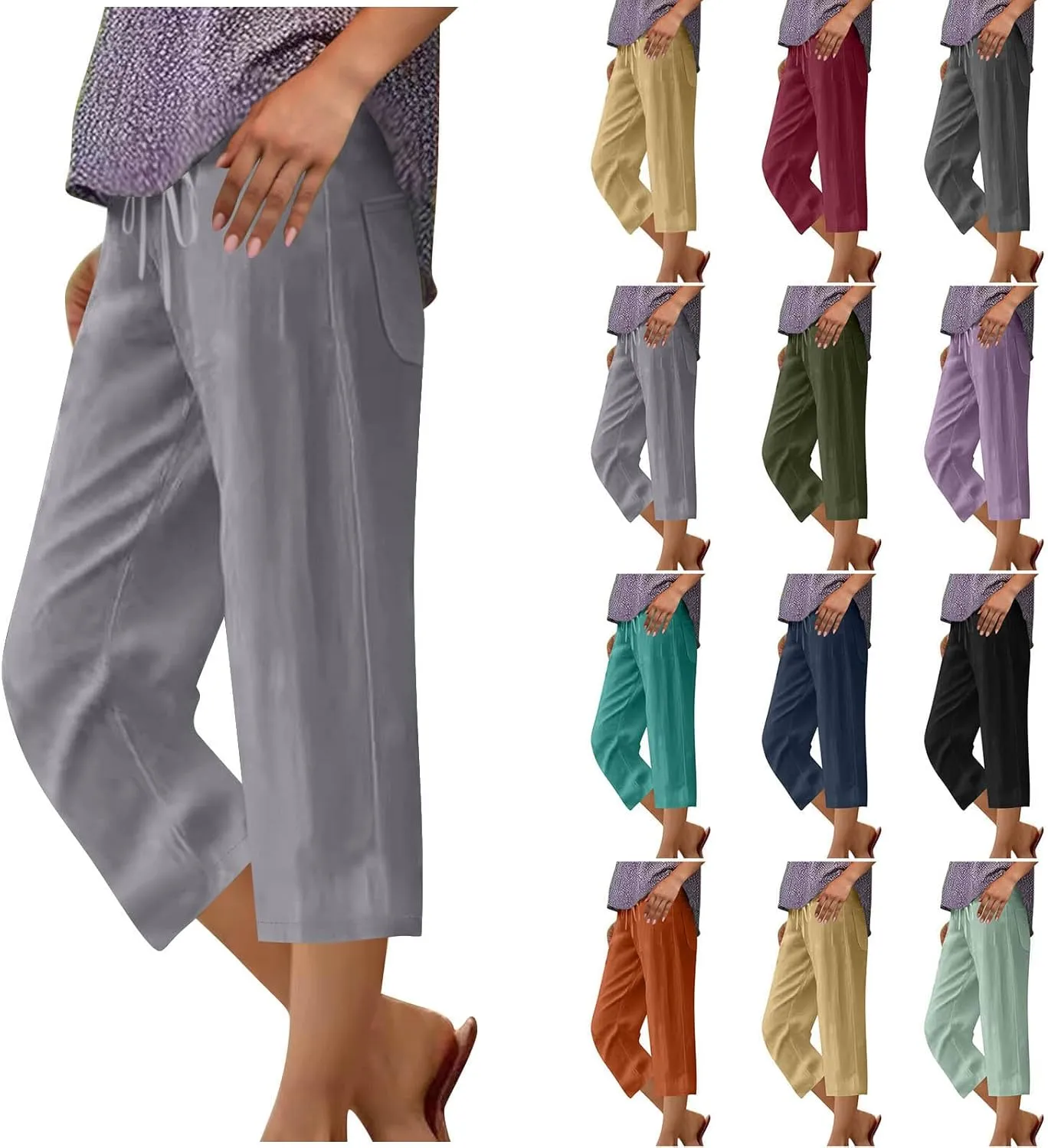 Linen Capri Pants for Women Drawstring Wide Leg Trousers Summer Comfy Casual Capris Beach Clothes with Back Pockets