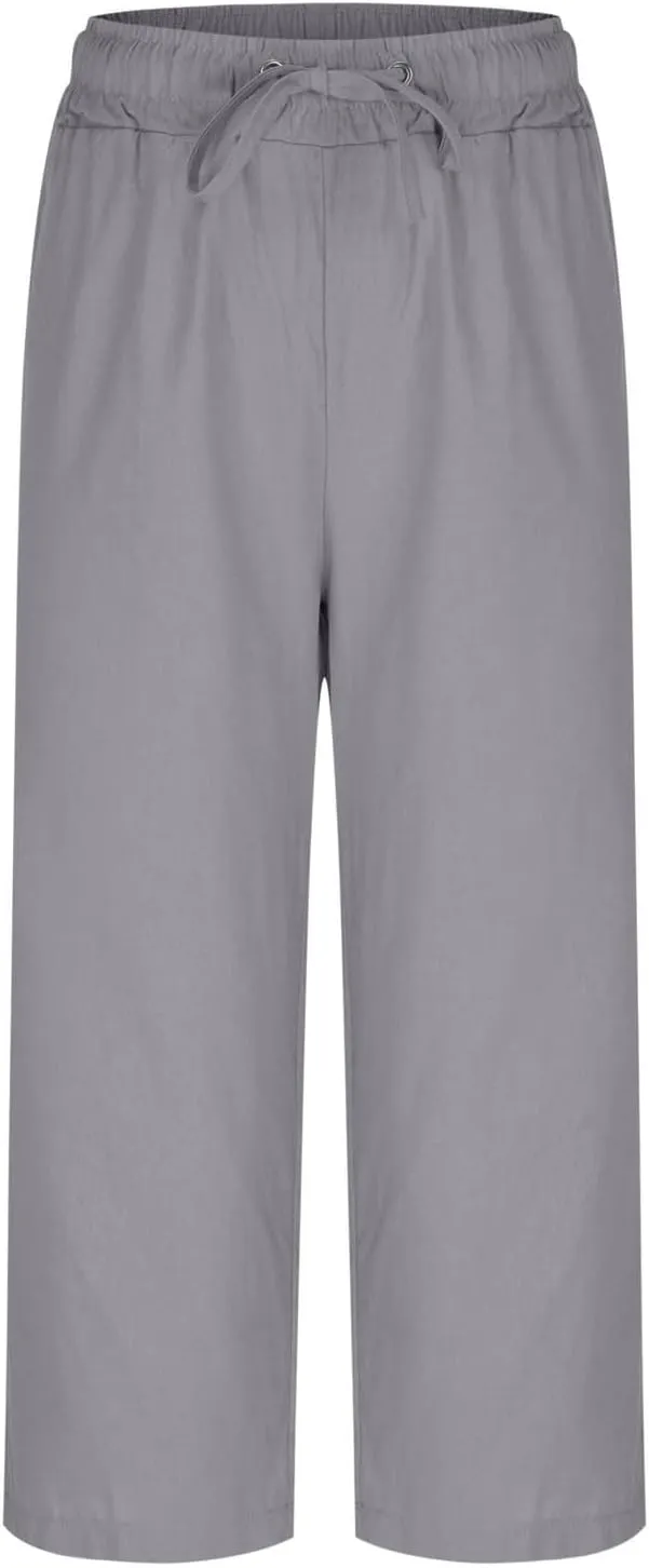 Linen Capri Pants for Women Drawstring Wide Leg Trousers Summer Comfy Casual Capris Beach Clothes with Back Pockets
