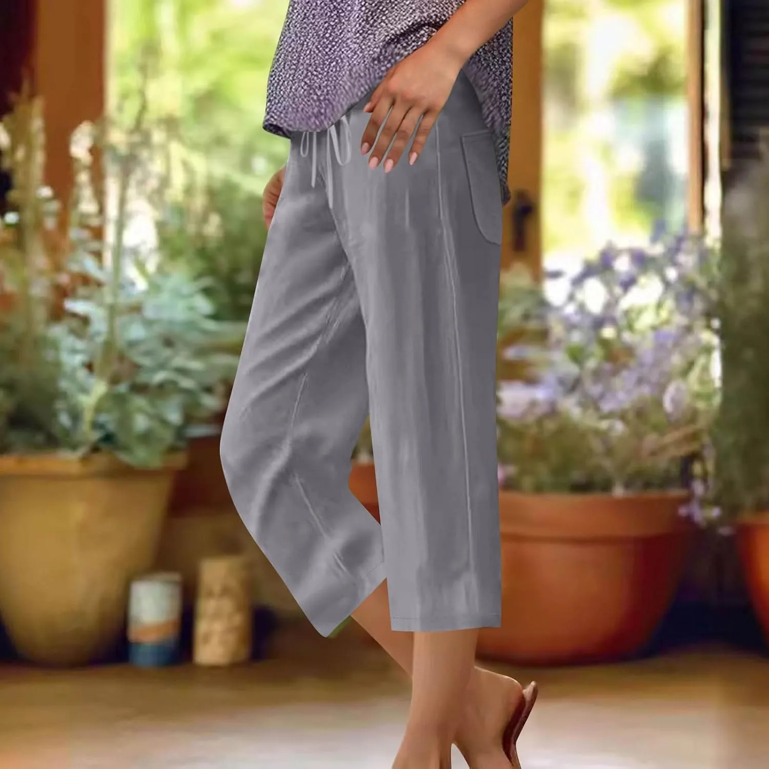 Linen Capri Pants for Women Drawstring Wide Leg Trousers Summer Comfy Casual Capris Beach Clothes with Back Pockets