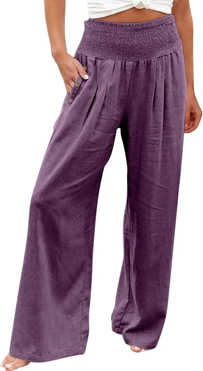 Linen Capri Pants for Women Plus Size Women's Linen Wide Leg Pants 2024 Summer Casual Loose Beach Palazzo Harem Pants