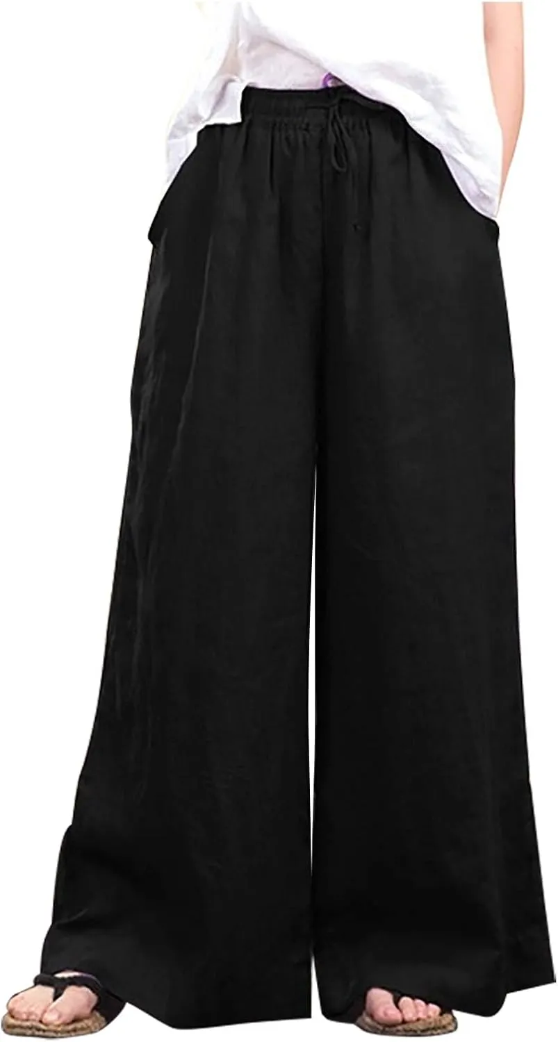 Linen Capri Pants for Women Plus Size Women's Linen Wide Leg Pants 2024 Summer Casual Loose Beach Palazzo Harem Pants