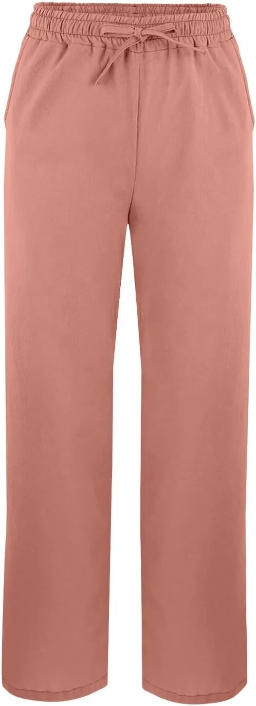Linen Pants for Women 2025 Summer High Waist Elastic Straight Leg Lounge Pant Casual Loose Lightweight Beach Trousers