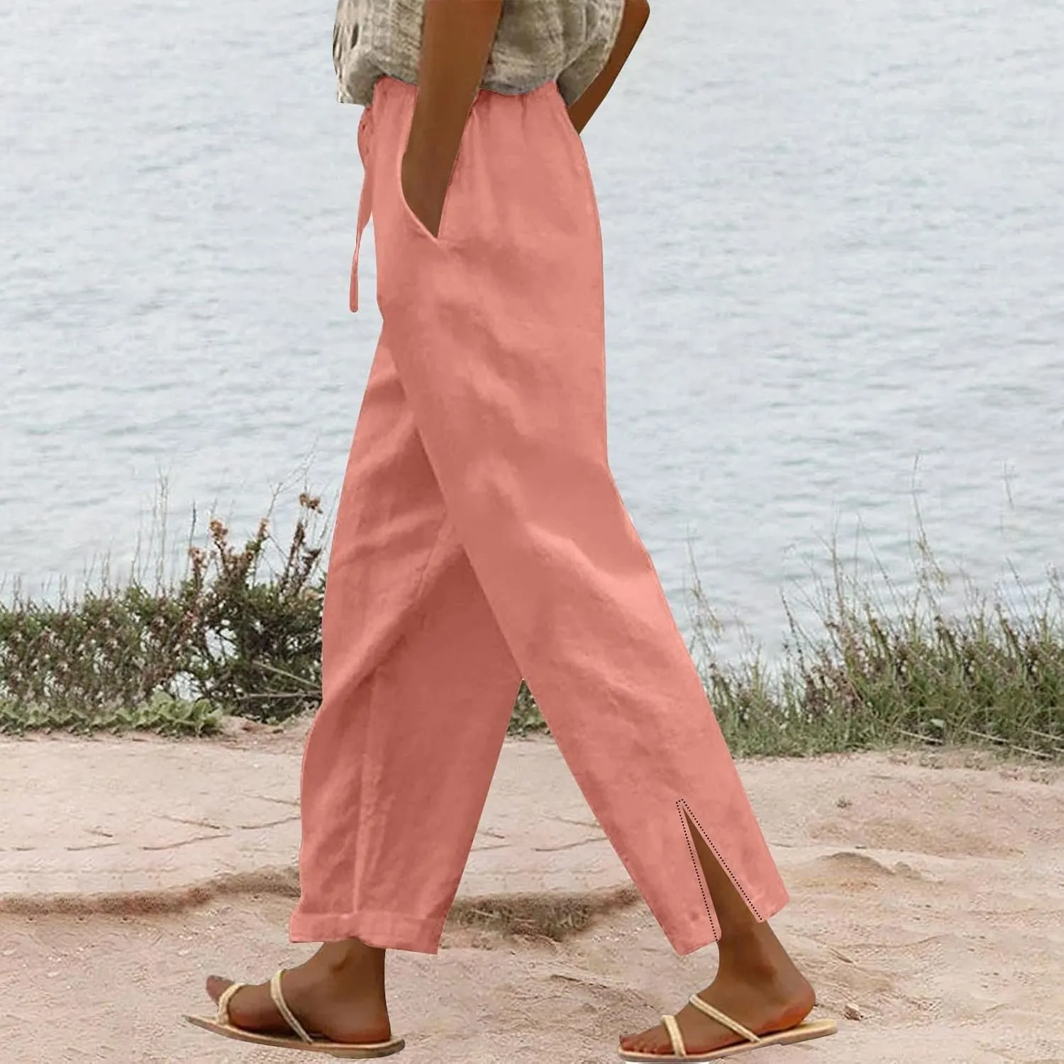 Linen Pants for Women 2025 Summer High Waist Elastic Straight Leg Lounge Pant Casual Loose Lightweight Beach Trousers