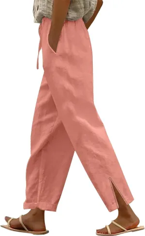 Linen Pants for Women 2025 Summer High Waist Elastic Straight Leg Lounge Pant Casual Loose Lightweight Beach Trousers