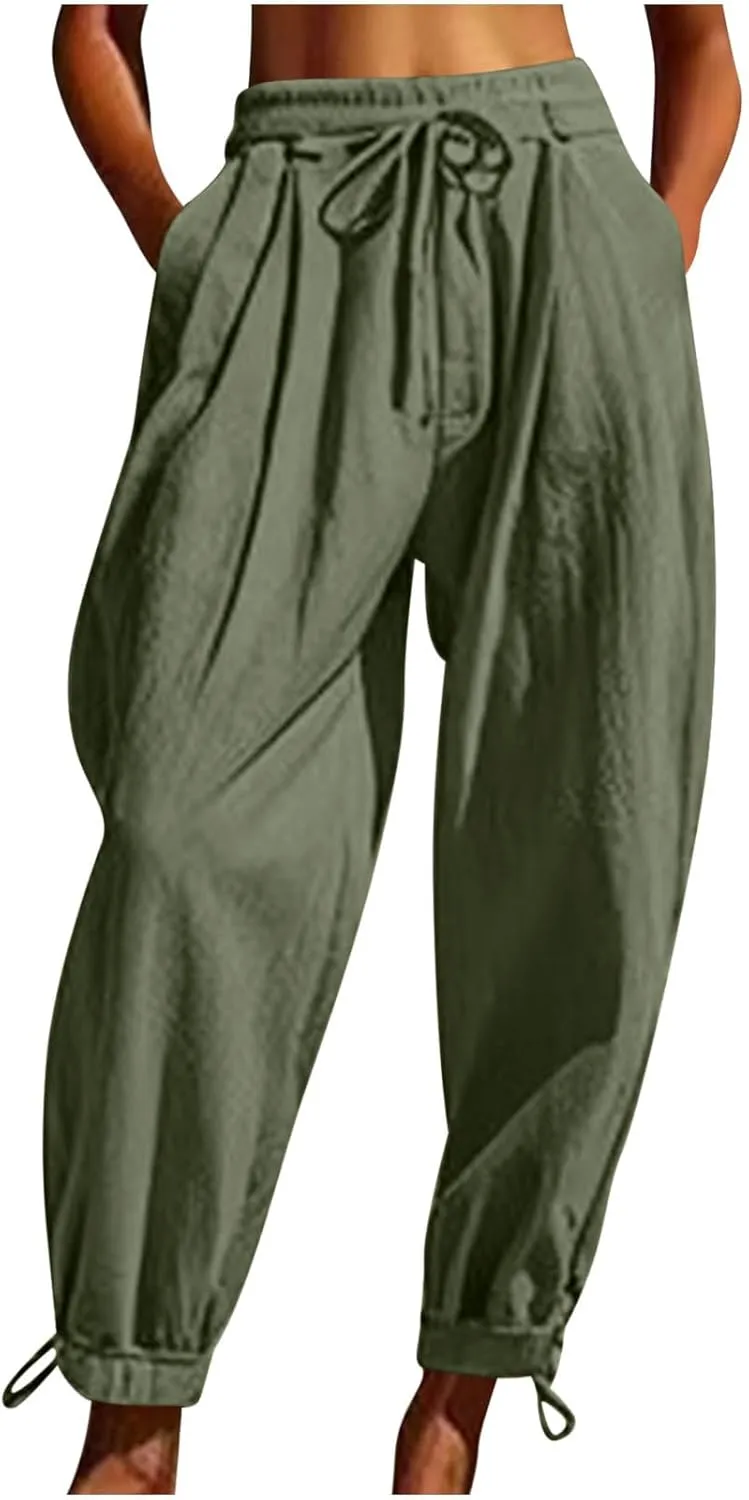 Linen Pants for Women Trendy Summer Bloomers Cinch Bottom Cropped Pant Casual Drawstring Waist Trouser wit Pockets