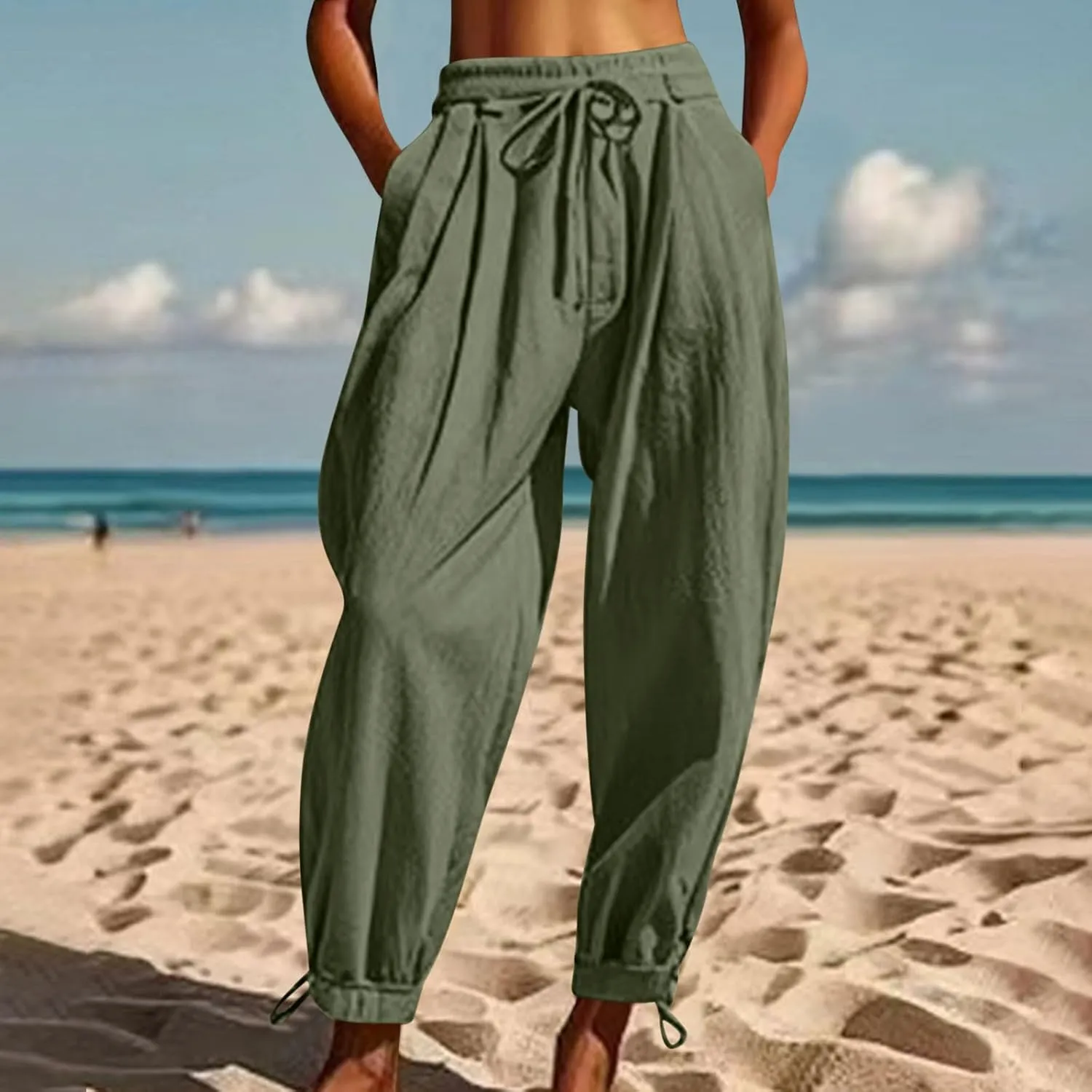 Linen Pants for Women Trendy Summer Bloomers Cinch Bottom Cropped Pant Casual Drawstring Waist Trouser wit Pockets