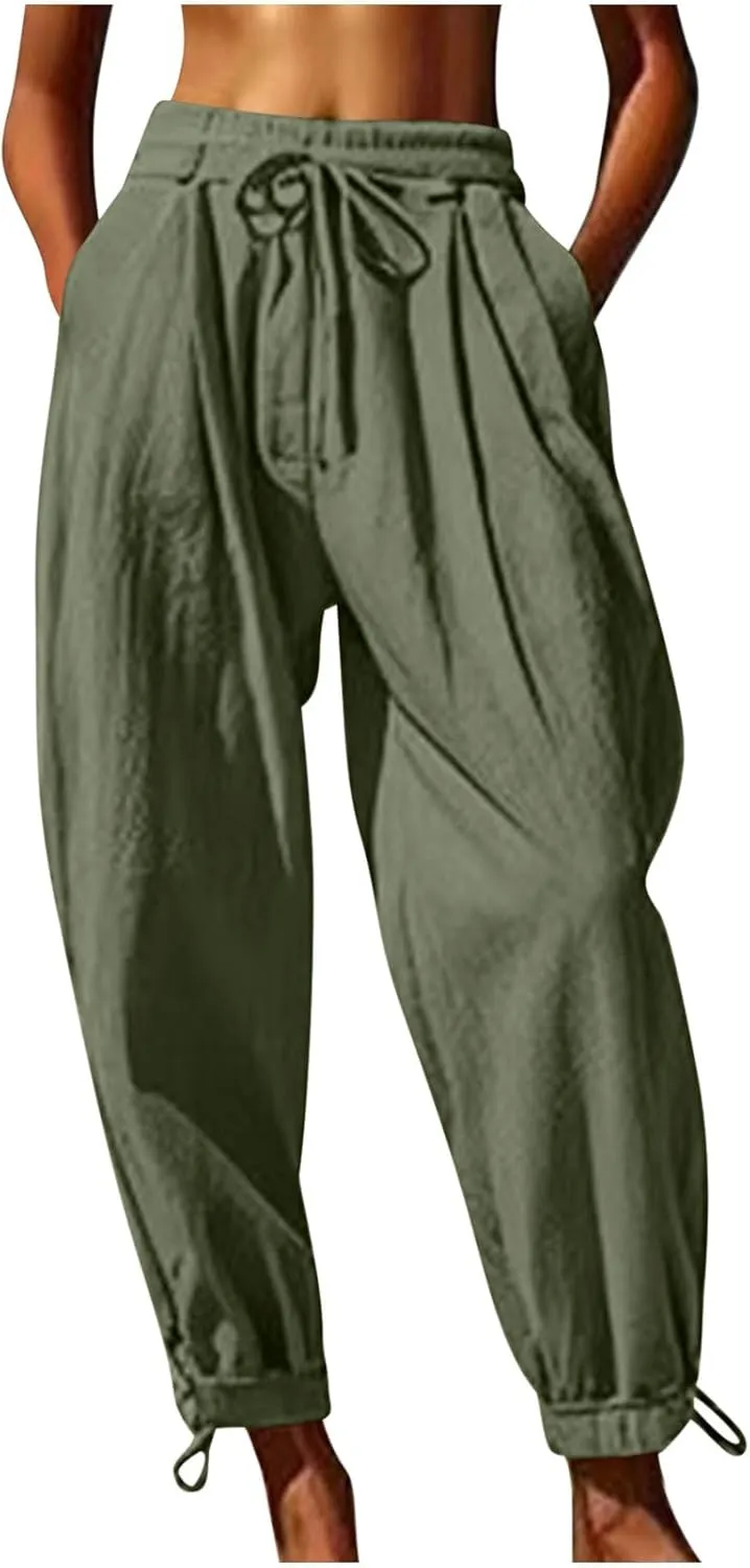 Linen Pants for Women Trendy Summer Bloomers Cinch Bottom Cropped Pant Casual Drawstring Waist Trouser wit Pockets