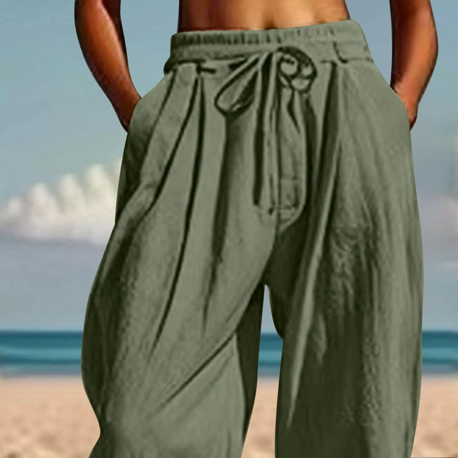 Linen Pants for Women Trendy Summer Bloomers Cinch Bottom Cropped Pant Casual Drawstring Waist Trouser wit Pockets