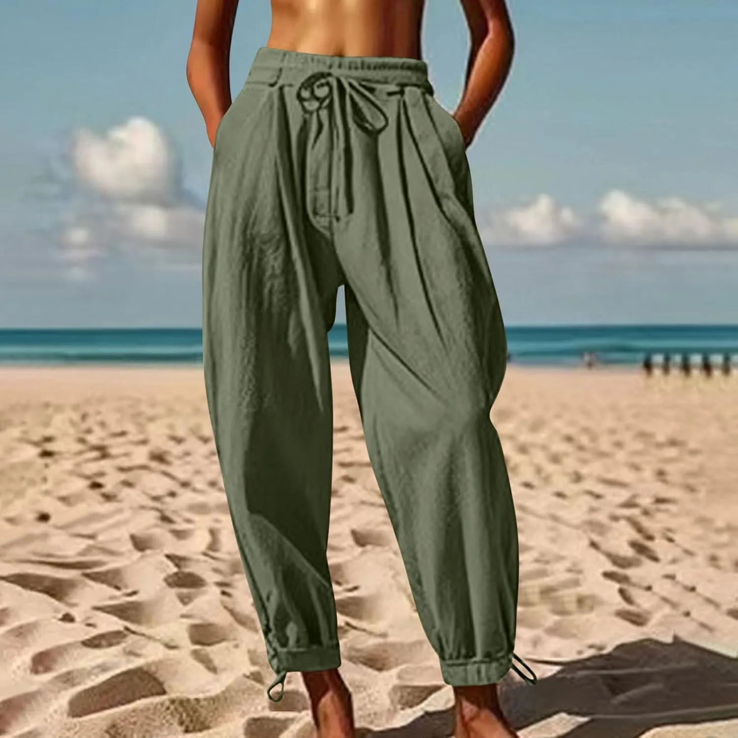 Linen Pants for Women Trendy Summer Bloomers Cinch Bottom Cropped Pant Casual Drawstring Waist Trouser wit Pockets