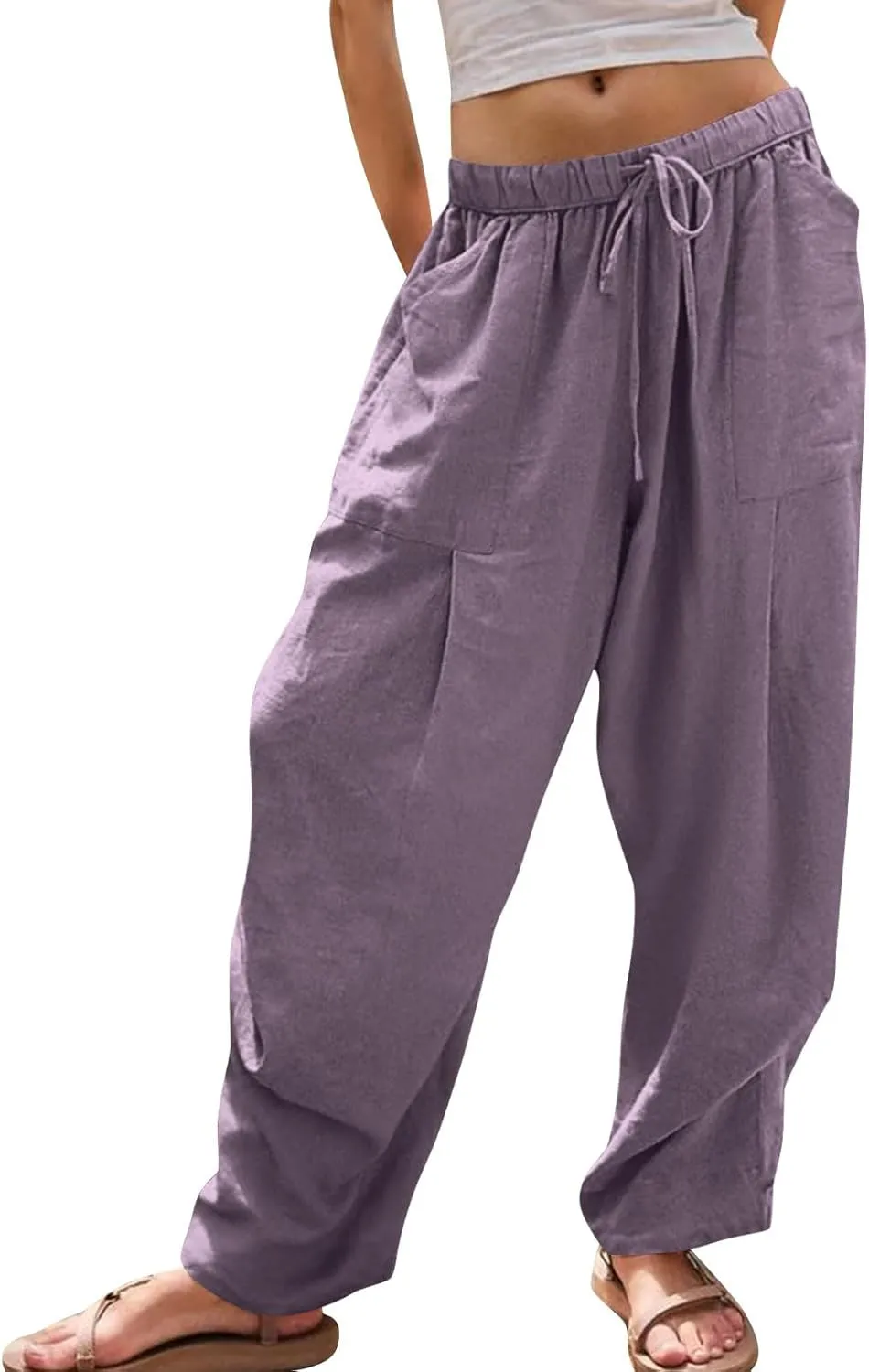 Linen Pants Women Casual Loose Elastic Waist Trousers Summer Lightweight Wide Leg Palazzo Pant Summer Outfits 2025