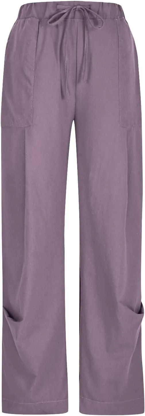 Linen Pants Women Casual Loose Elastic Waist Trousers Summer Lightweight Wide Leg Palazzo Pant Summer Outfits 2025