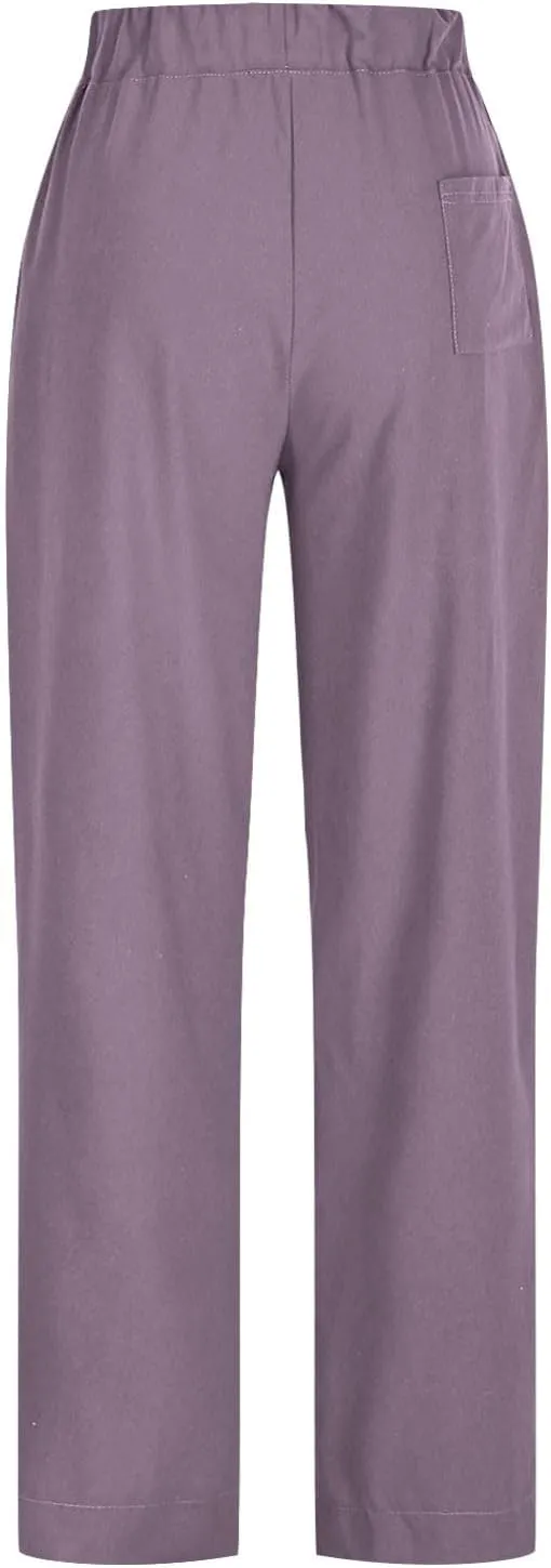 Linen Pants Women Casual Loose Elastic Waist Trousers Summer Lightweight Wide Leg Palazzo Pant Summer Outfits 2025