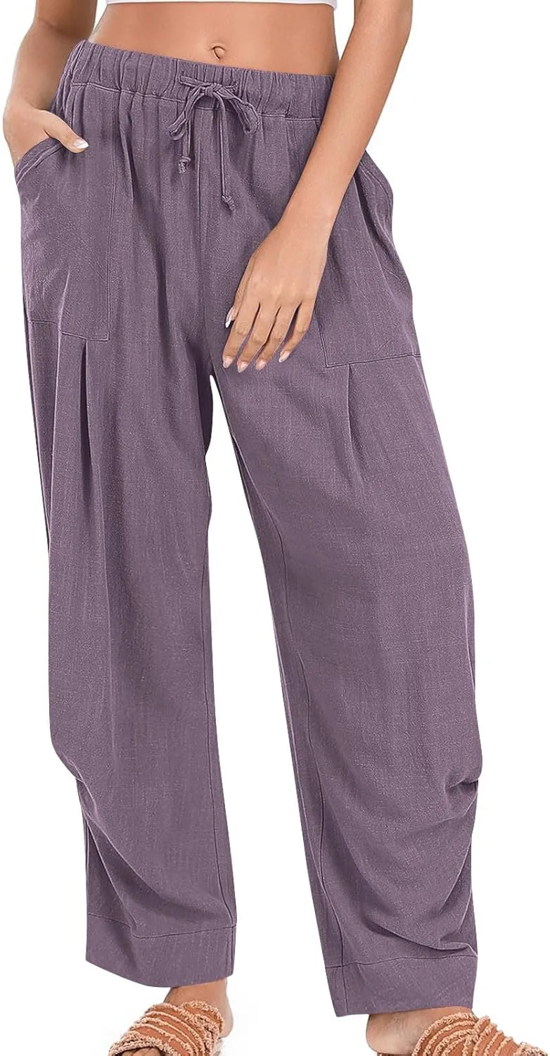 Linen Pants Women Casual Loose Elastic Waist Trousers Summer Lightweight Wide Leg Palazzo Pant Summer Outfits 2025