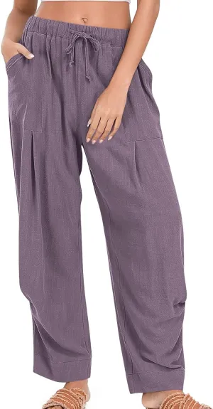 Linen Pants Women Casual Loose Elastic Waist Trousers Summer Lightweight Wide Leg Palazzo Pant Summer Outfits 2025