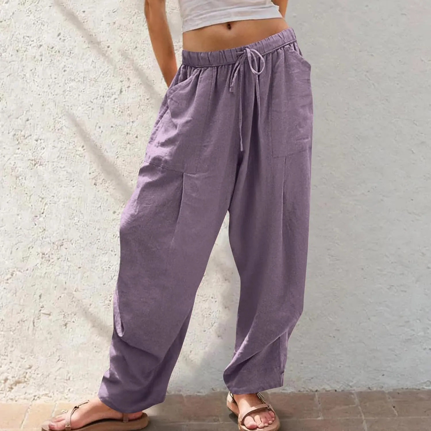 Linen Pants Women Casual Loose Elastic Waist Trousers Summer Lightweight Wide Leg Palazzo Pant Summer Outfits 2025