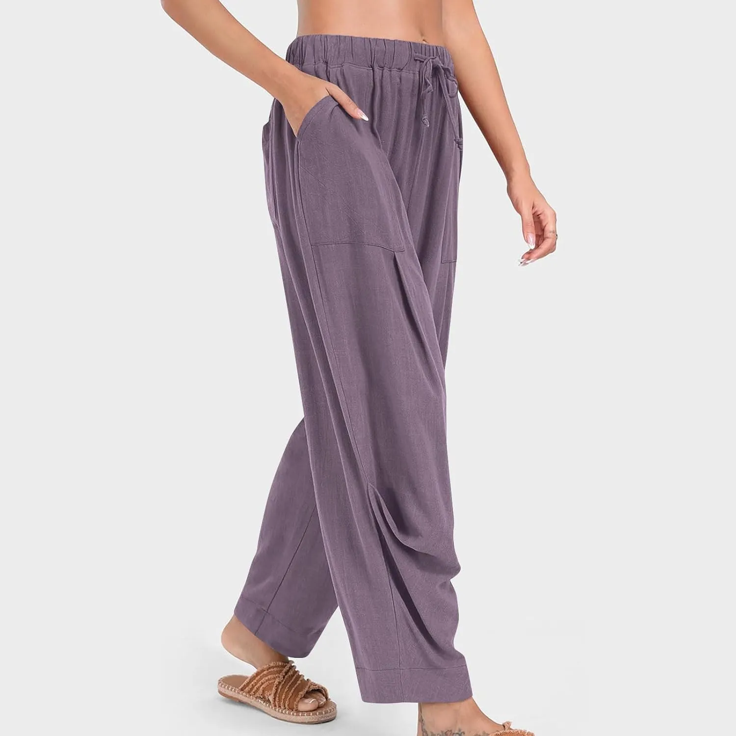 Linen Pants Women Casual Loose Elastic Waist Trousers Summer Lightweight Wide Leg Palazzo Pant Summer Outfits 2025