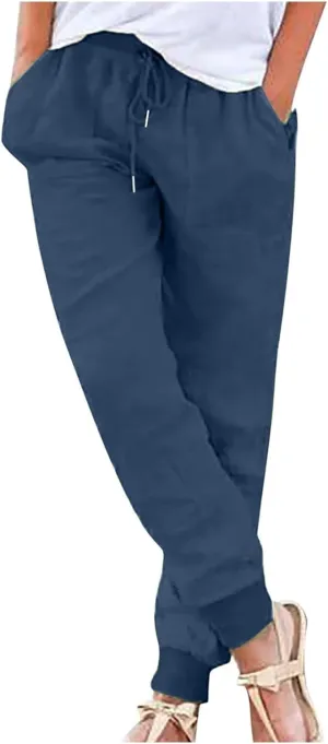 Linen Pants Women Drawstring Elastic Waist Tapered Leg Pants Casual Jogger Baggy Summer Trendy Beach Vacation Trousers