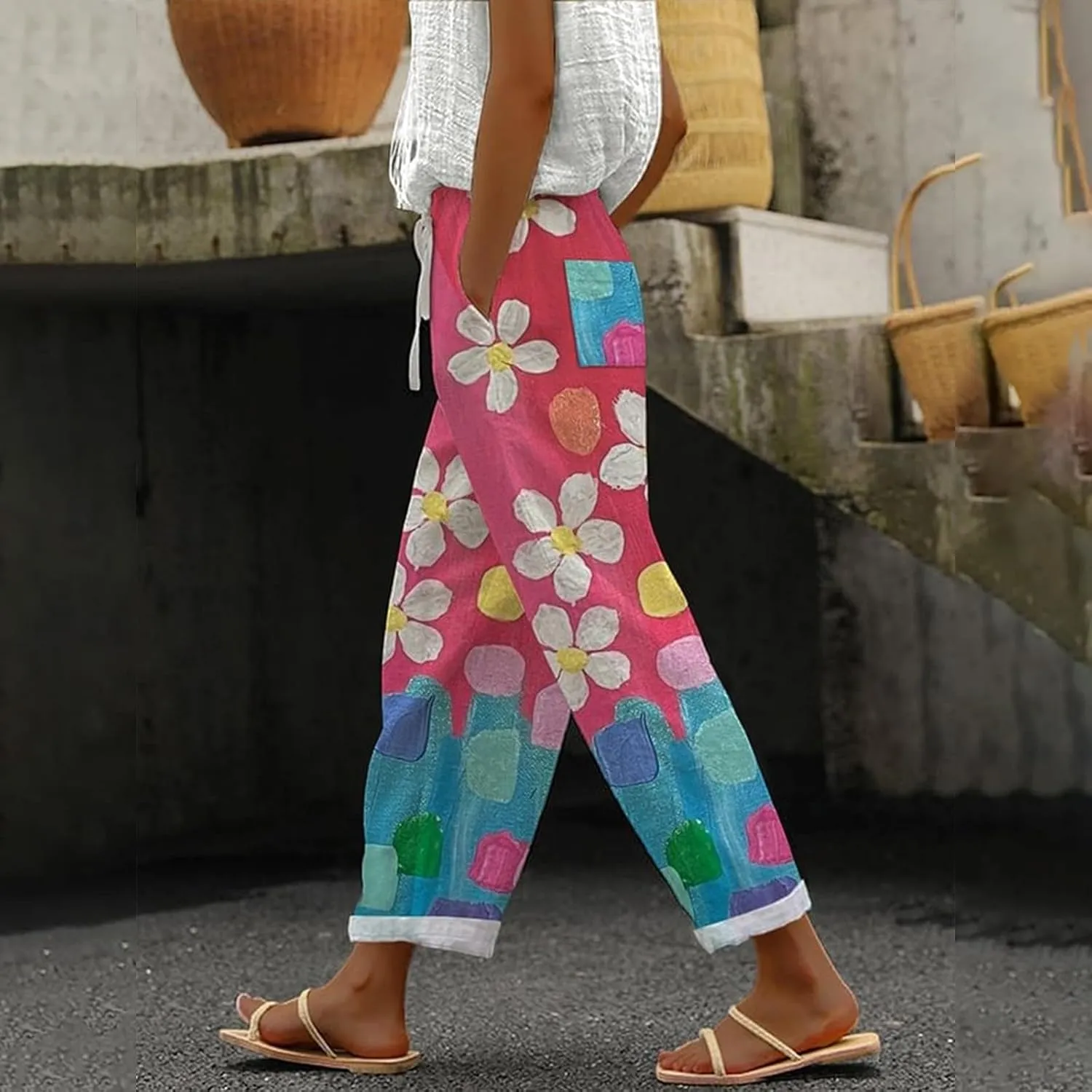 Linen Pants Women Summer Casual Drawstring Pants High Waist Adjustable Knot Loose Casual Trousers Womens Summer