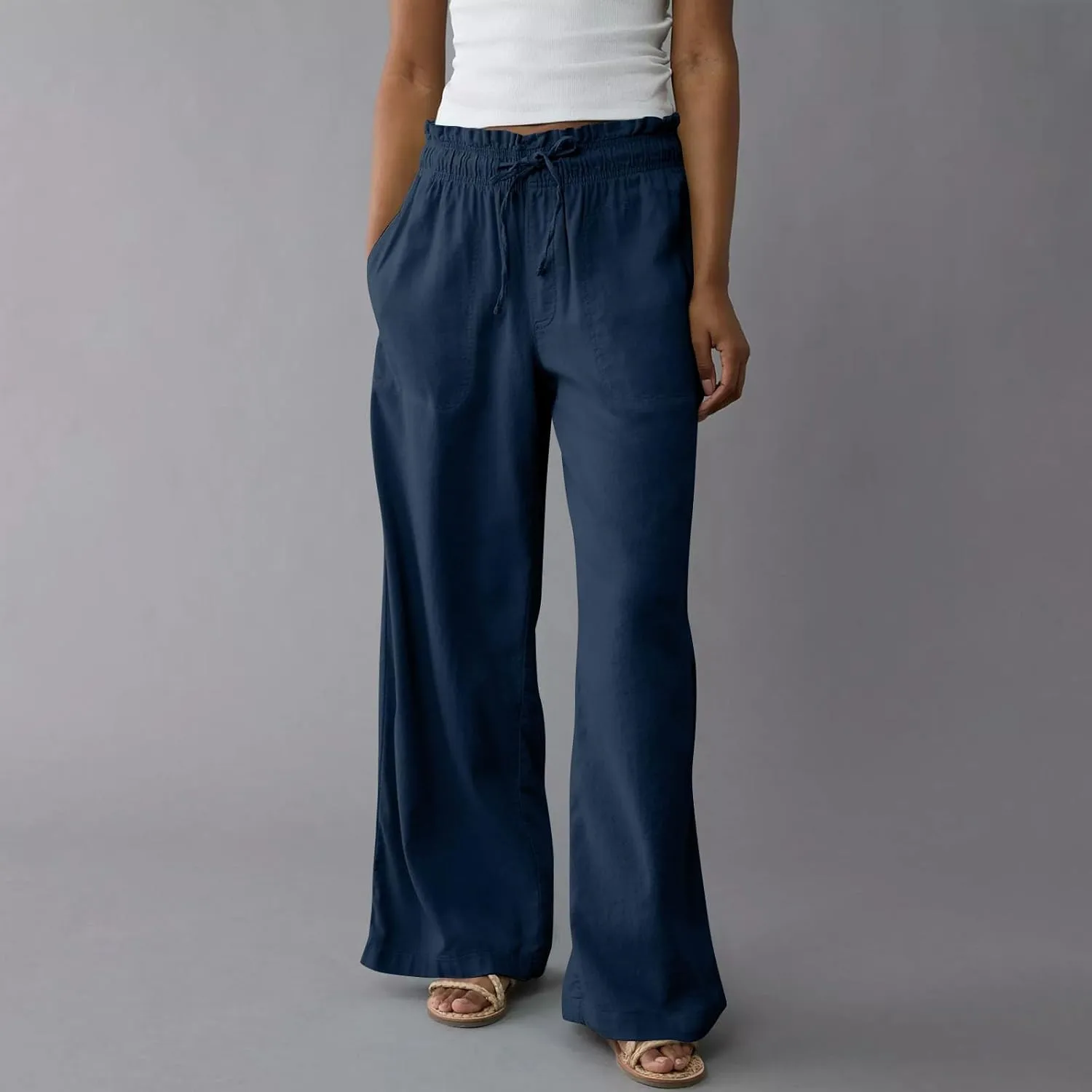 Linen Pants Women Summer Drawstring Elastic Waist Pants Straight Leg Comfy Flowy Cotton Linen Beach Palazzo Trousers