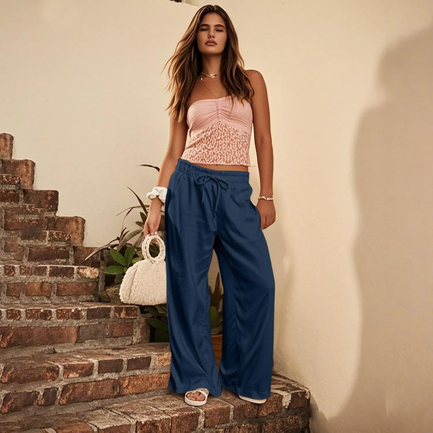 Linen Pants Women Summer Drawstring Elastic Waist Pants Straight Leg Comfy Flowy Cotton Linen Beach Palazzo Trousers